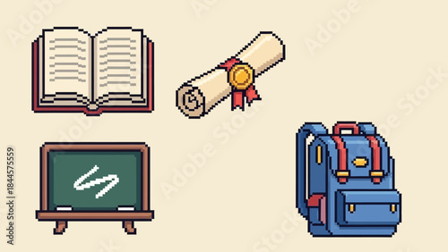 Charming pixel art collection of essential education elements an open book, a diploma, a chalkboard, and a backpack, perfect for school-themed designs and learning projects