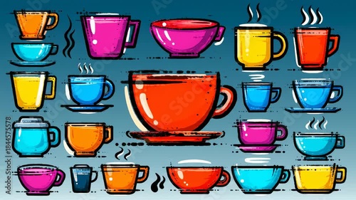 Colorful and outlined cartoon-style mugs in various hues, arranged against a blue gradient backdrop, some steaming with hot contents