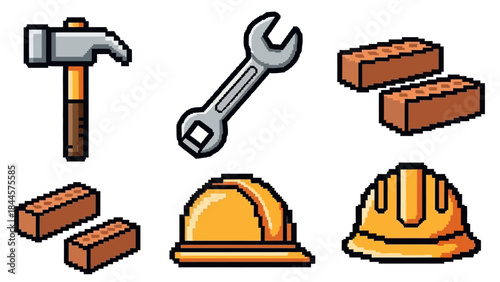 Collection of pixel art construction and DIY tools and materials including hammer, wrench, bricks, and hard hats
