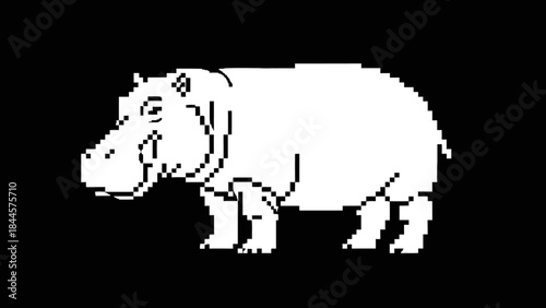 A minimalist pixel art illustration of a hippo in black and white, perfect for a simple and clean design