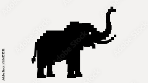 Abstract pixelated silhouette of a majestic elephant with its trunk raised, captured in a minimalist, retro 8-bit digital art style, perfect for vintage gaming or tech themes