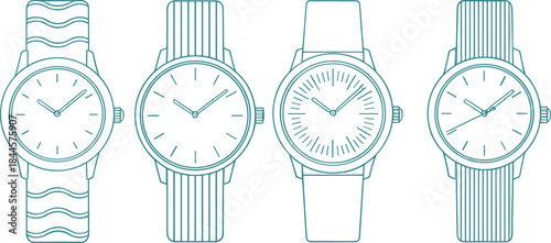 Minimal Wristwatch Line Art Set with Different Strap Styles and Classic Analog Clock Faces Vector Illustration