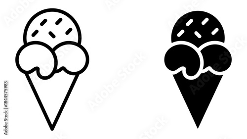 Outline and solid style icon of an ice cream cone with two scoops and sprinkles