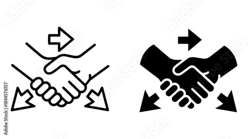 A black and white icon representing a business agreement or partnership handshake