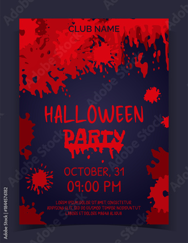 Halloween party banner. Blood drip splatters. Stain horror drops. Scary bloodstains. October holiday festival. Autumn spooky celebration flyer. Vector invitation poster design template