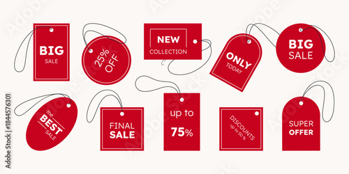 Sale tag. Price label, discount red sticker or promotion special offer pricetag design, different forms badge. Off promo banner, shop sign, product emblem mockup. Vector isolated icons