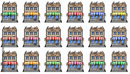 Collection of pixelated shop buildings with colorful awnings, each representing a unique store facade in a charming town square setting