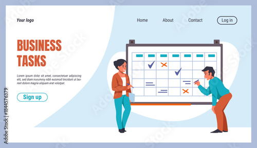 Business people landing page. Time management. Tasks schedule organizer. Website template. Businessman productivity. Work plan at whiteboard. Goals deadline board. Vector background