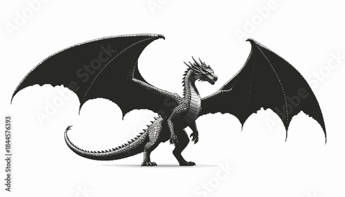 Monochrome illustration of a powerful fantasy dragon with majestic widespread wings, showcasing detailed scales and a formidable presence, embodying mythical strength and ancient lore