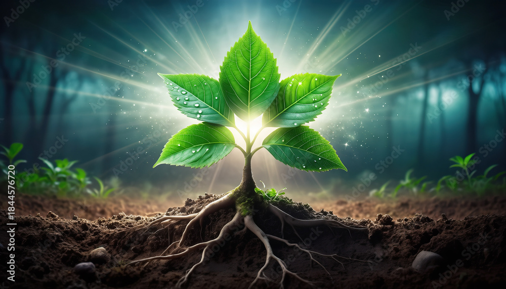 custom made wallpaper toronto digitalA young plant with vibrant green leaves and visible roots emerges from fertile soil, bathed in a radiant beam of light amidst a forest setting