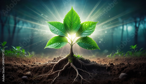 A young plant with vibrant green leaves and visible roots emerges from fertile soil, bathed in a radiant beam of light amidst a forest setting