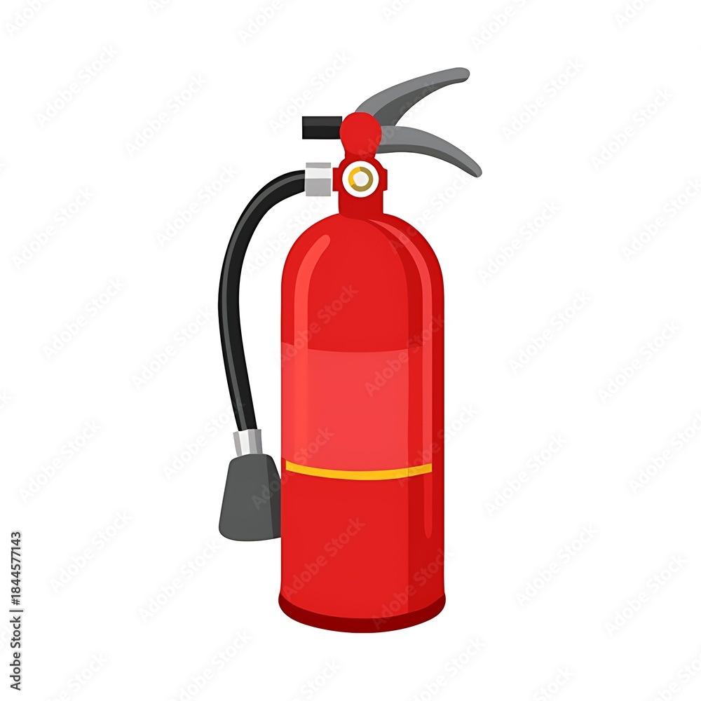 Obraz premium Flat vector illustration of a red fire extinguisher with a black hose and yellow band, symbolizing safety.