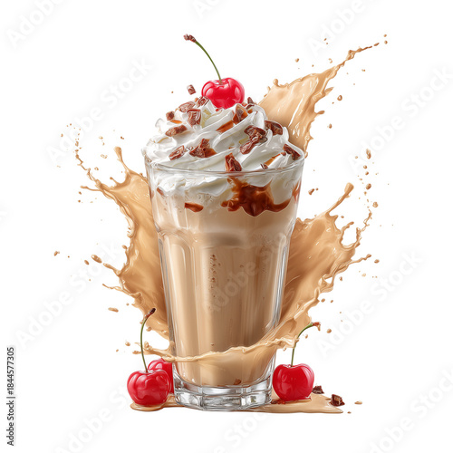 Creamy Milkshake with Whipped Cream and Cherry - Classic Dessert Drink Isolated on Transparent Background