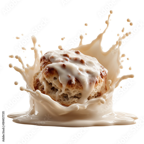 Biscuit and Sausage Gravy in Milk Splash - Southern Breakfast Isolated on Transparent Background 