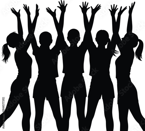 Group of five silhouetted people raising arms in celebration, expressing unity, joy, and team spirit on white background