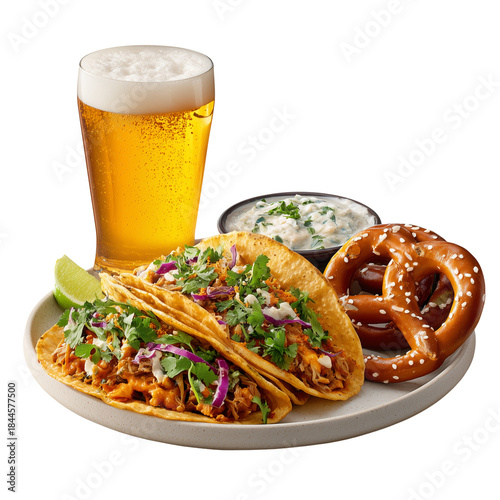 Beer, Soft-Shell Tacos & Pretzels with Cheese Sauce - Party Snack Trio Isolated on Transparent Background