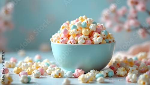 Candy-coated popcorn in festive bowls