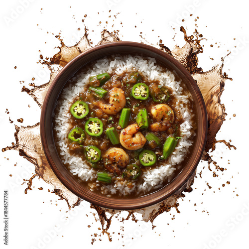 White Rice with Green Okra in Brown Sauce - Savory Dish Isolated on Transparent Background
