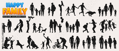 Collection of happy family silhouette featuring father, mother, son and daughter. Parents with their little baby or children walking hand in hand. Activity of group of people from all ages in holiday.