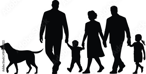 Silhouetted family with children and dog walking together, symbolizing love, togetherness, and companionship on white background