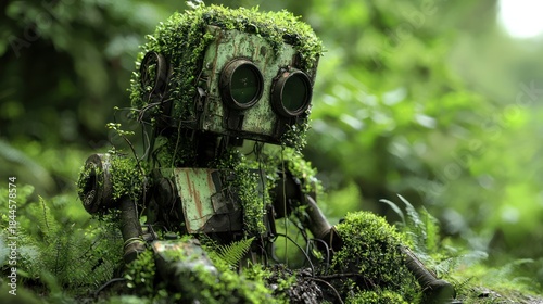 Moss-covered robot in a lush green forest environment.