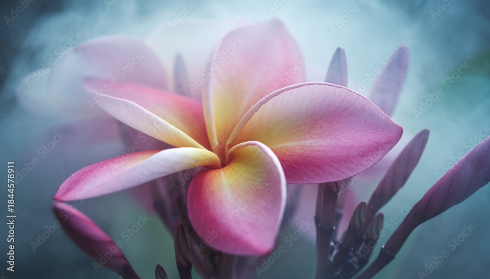 custom made wallpaper toronto digitalDelicate Pink Plumeria Flower with Soft Mist and Dewdrops - Close-Up Botanical Beauty