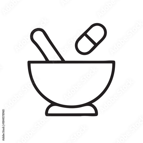 A simple line drawing depicts a mortar and pestle with a capsule representing pharmaceutical compounding or medicine preparation