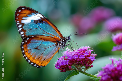 Colorful butterfly perched on vibrant flowers in a sunny garden during springtime