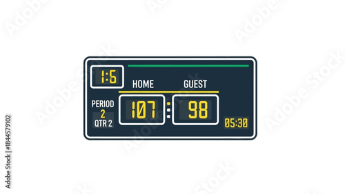 Digital scoreboard showing game scores period and time remaining with home team leading