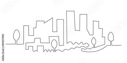 Minimalist continuous line drawing of a modern city skyline featuring abstract buildings and green trees perfect for urban design concepts and graphic resources
