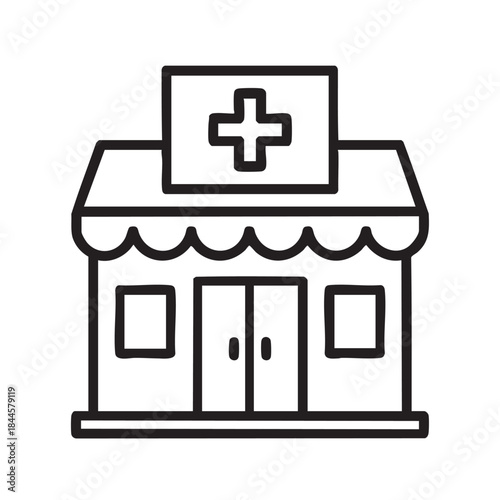 Simple black and white line drawing depicts a medical clinic or hospital building with a cross symbol