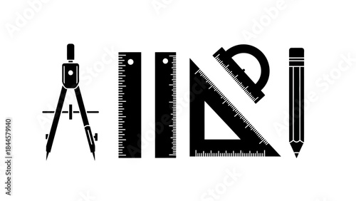 Engineering and drafting tools including compass, rulers, protractor, and pencil