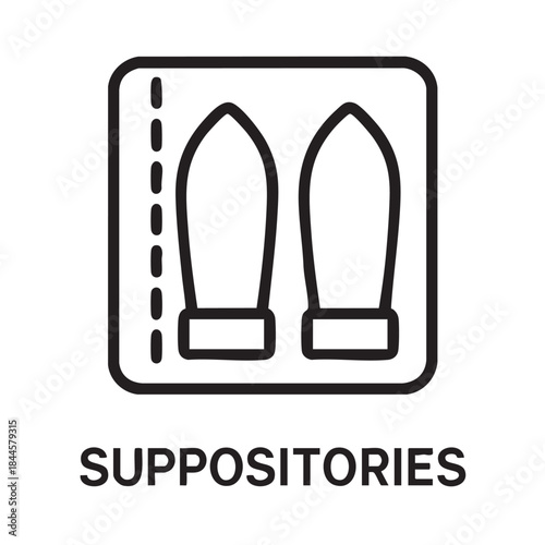 A simple black and white line drawing of two suppositories within a rectangular frame with text below