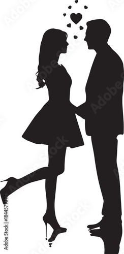 Silhouette of a couple in love, standing close with hearts floating above