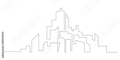 Modern abstract cityscape line art drawing featuring a continuous single line graphic representation of an urban skyline perfect for contemporary design elements and minimalist projects