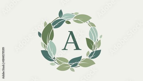 Elegant Monogram 'A' Surrounded by a Delicate Green Leafy Wreath on a Subtle Background