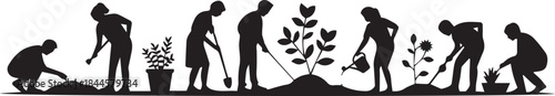 Silhouettes of people planting trees and gardening activities on