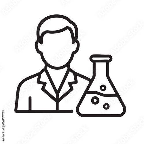 A simple black and white line drawing depicts a scientist holding a conical flask in a laboratory setting