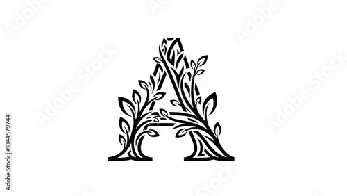 Elegant letter A adorned with intricate black leaf and vine floral design on white background