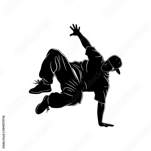 The silhouette of a young man dancing on white background