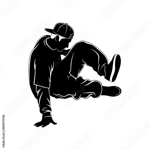 The silhouette of a young man dancing on white background