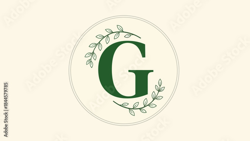 Elegant green letter G monogram with minimalist botanical leaf wreath design