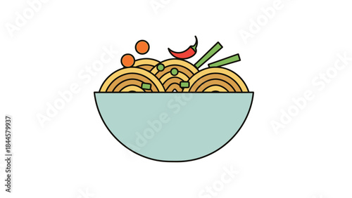 Delicious illustration of a bowl of ramen noodles with chili and garnishes
