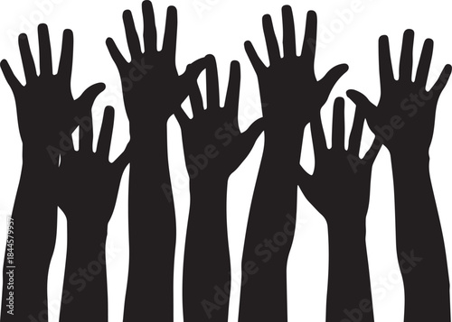 Silhouette of many raised hands reaching upward in unity or voting