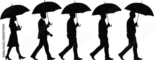Umbrella walking silhouette, black vector, rainy day pose, people in motion, formal attire, side profile, white background, business style, casual fashion, weather concept, group walking, editable ill