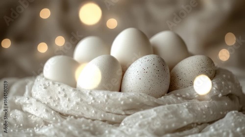 Nest of speckled eggs on textured cloth with blurry light orbs