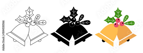 Christmas Bells flat vector illustration set. Christmas bells with holly leaves clipart cartoon. White background.
