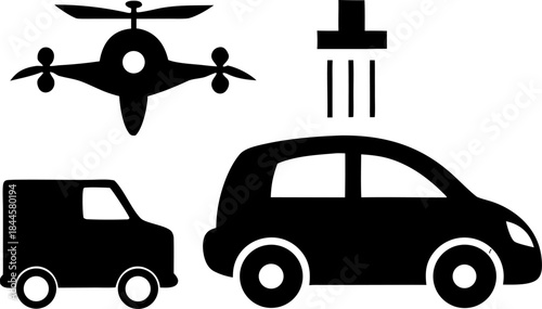 future transportation electric car drone deliver  silhouette  vector on white background 