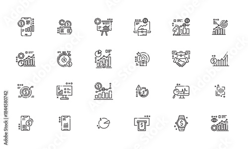 Minimalist financial and business strategy symbols expressing clarity and precision in digital workspace mockup icon set