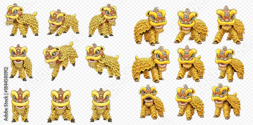 Set of multiple golden Chinese lion dance figures in various poses, symbolizing good fortune and celebration.